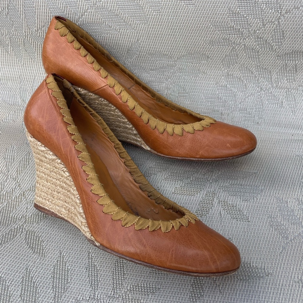 Lanvin Brown Grosgrain Stitched Leather Wedge Pump Size 38 - Picture 13 of 15